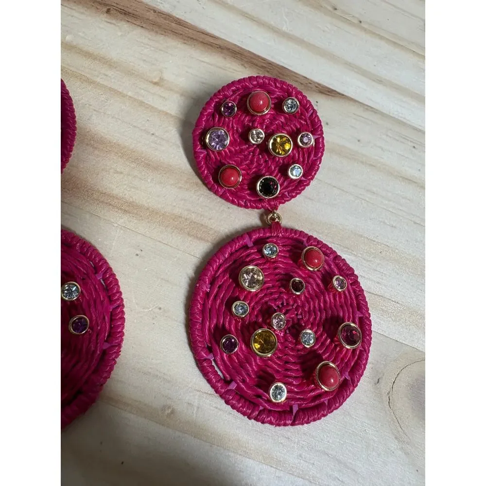 Tuckernuck Pink Raffia Gemstone Drop Earrings Woven Boho